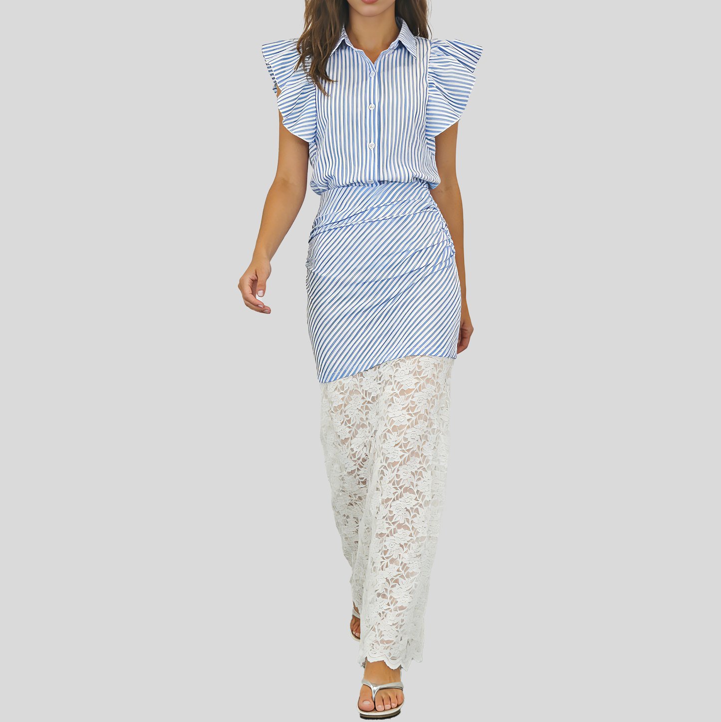 Flutter Sleeve Striped Lace Set