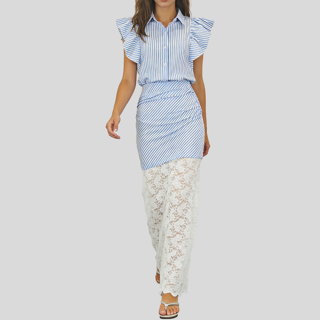 Flutter Sleeve Striped Lace Set