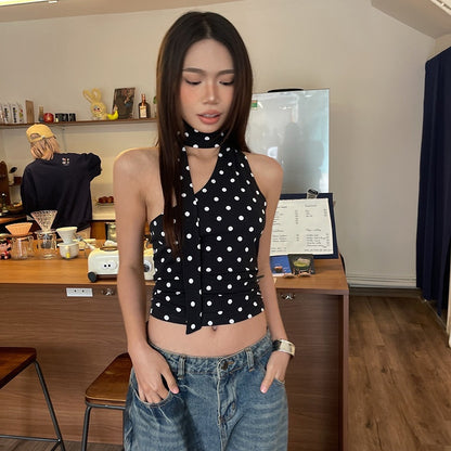 Backless slimming hanging neck polka dot print versatile top for women's clothing