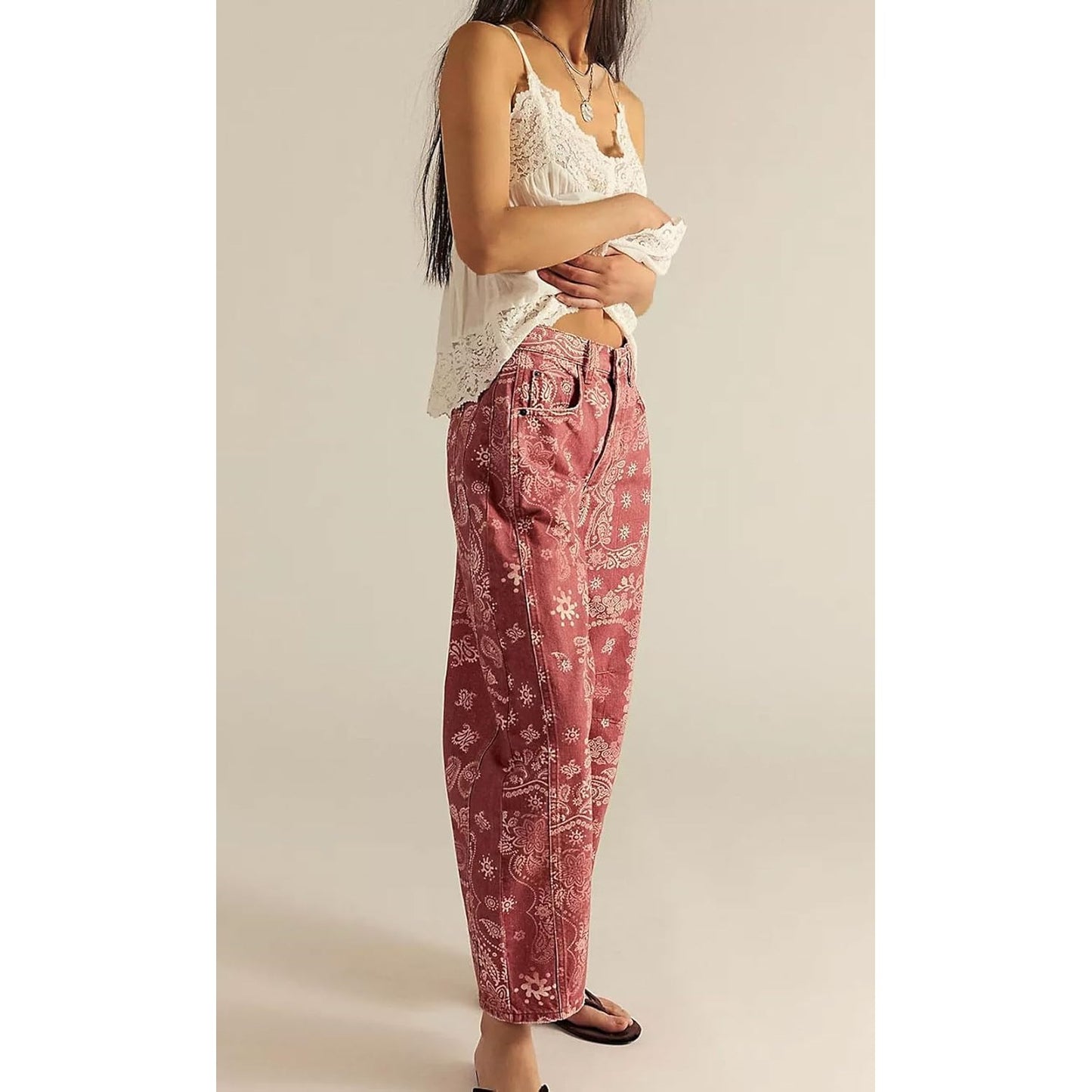 Floral Print Denim Wide Leg Trousers