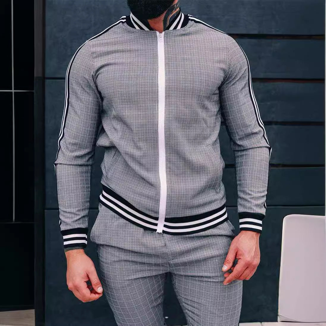 Men's Plaid Zipper Jacket and Pants Casual Sport Suit