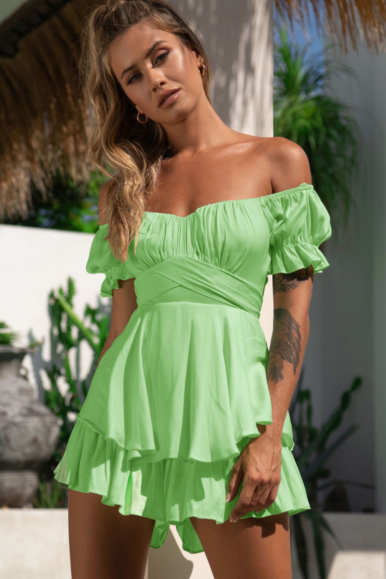 Women's Solid Color Jumpsuit with Lantern Sleeves