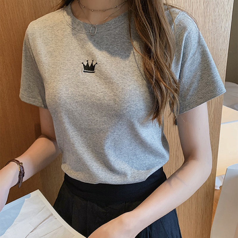Fashionable Fitted Embroidered Round Neck Short Sleeve T-Shirt for Women Casual Basic TopStudent Style Ladies' Inner Wear