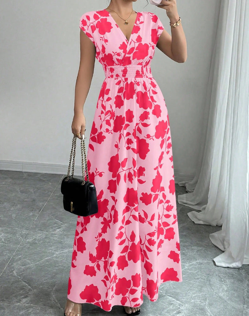 Floral Print V-Neck Lace-Up A-Line Dress