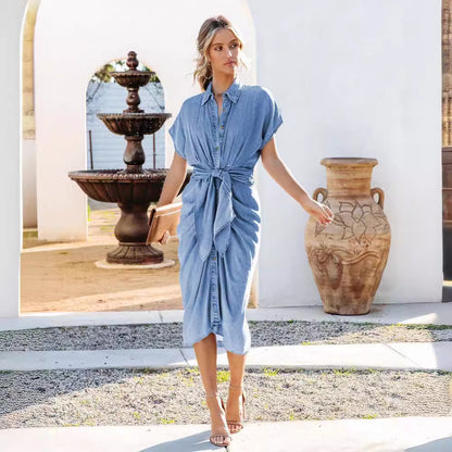 Elegant High Waist Denim Dress with Buttons