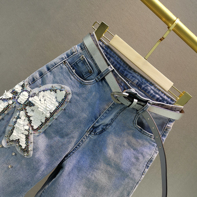 Beaded Denim Capris Shorts