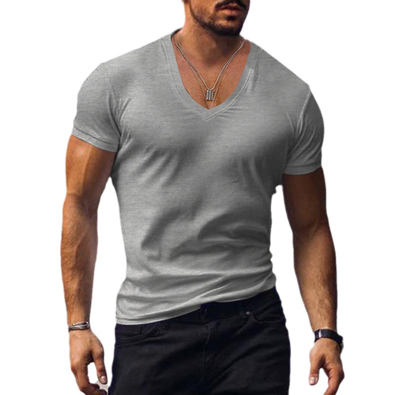 Men's T-shirt European and American summer men's clothing V-neck solid color slim fit casual T-shirt short sleeved top