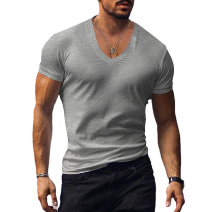 Men's T-shirt European and American summer men's clothing V-neck solid color slim fit casual T-shirt short sleeved top
