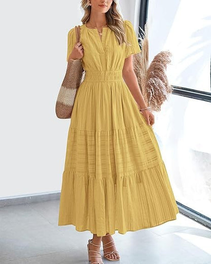 V-neck pleated puffed-sleeve maxi dress