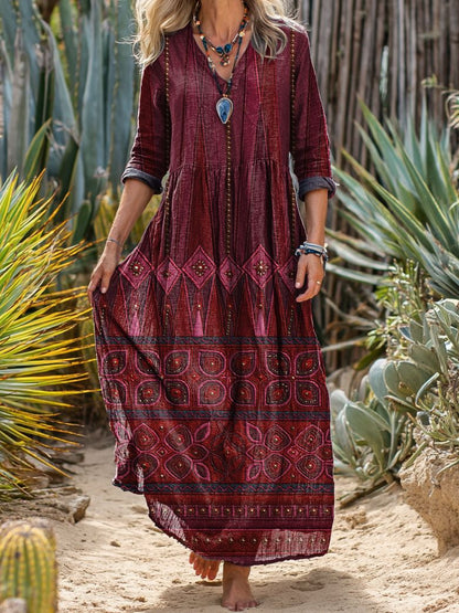 Womens Floral Print V-Neck Long Sleeve Dress