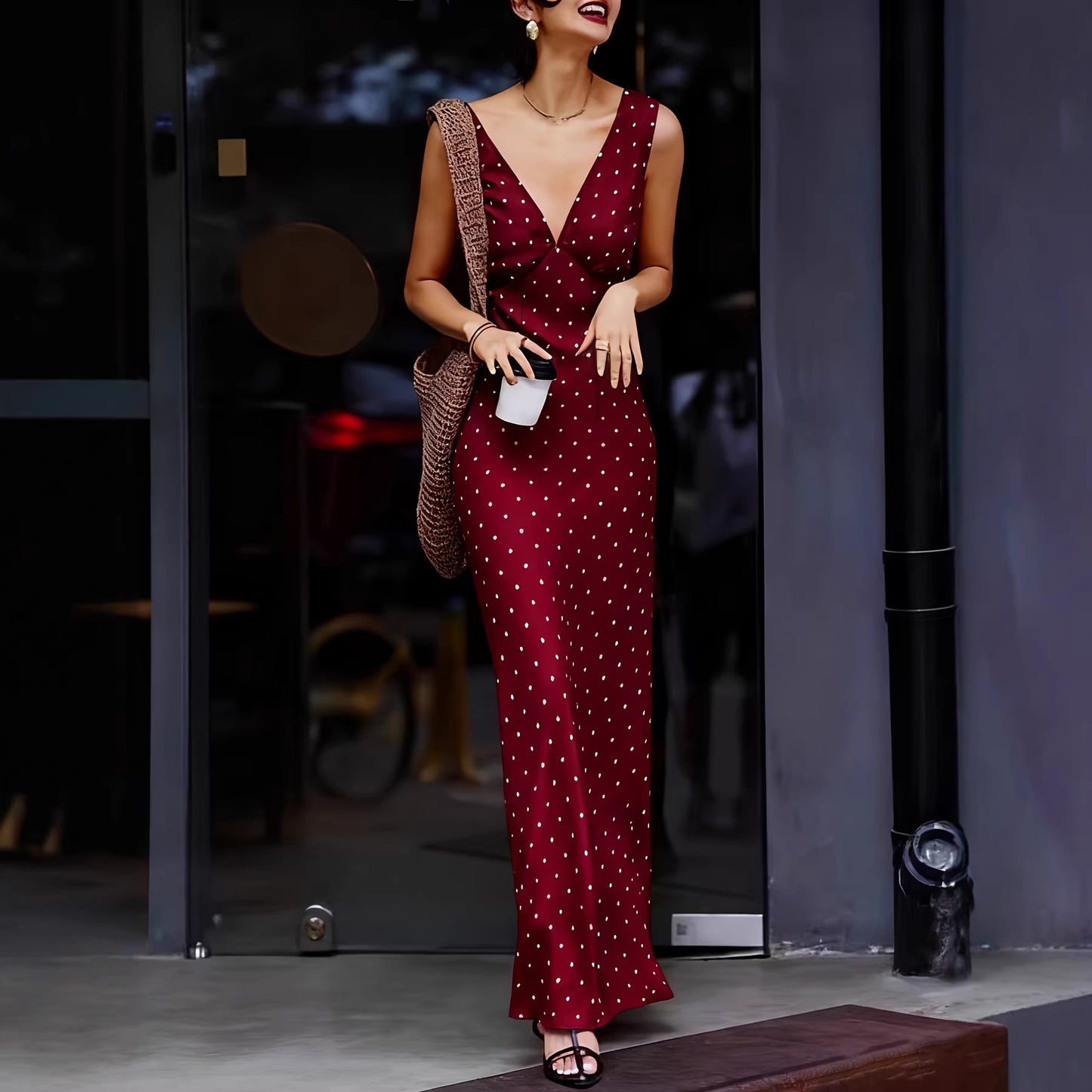 Satin Polka Dot Lace-up Waist Dress