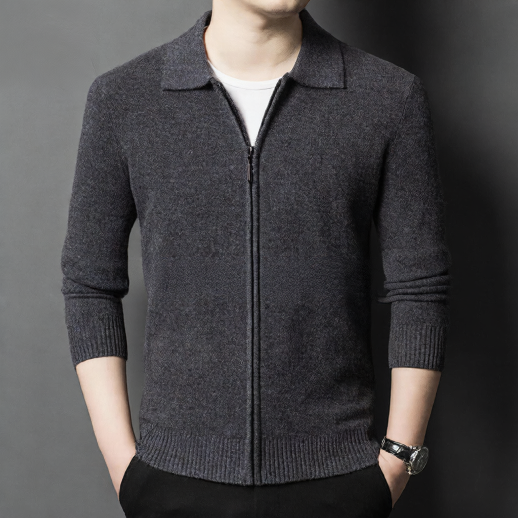Men's Wool Knit Cardigan Zipper Lapel Jacket