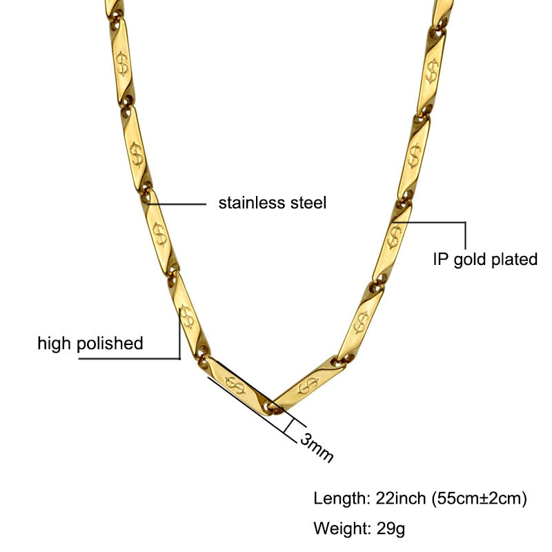 High Polished Gold Color Titanium Stainless Steel US Dollar Pattern Stick Aberdeen Chain Necklaces for Men Jewelry