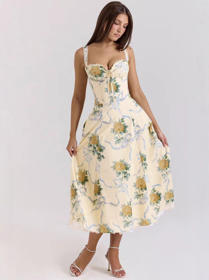 Floral Print Sling Dress with Lace Trim