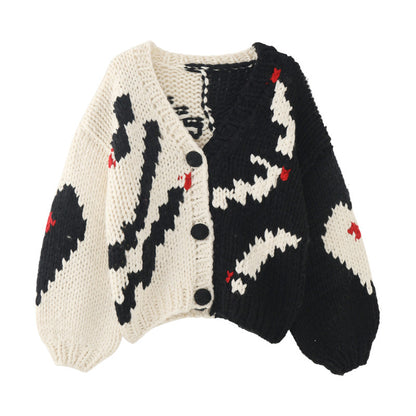 V-neck color-blocked knit cardigan sweater