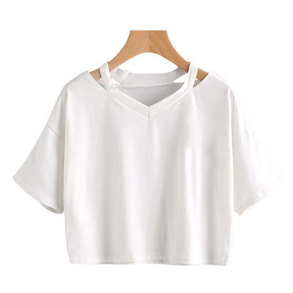 Shoulder Hollow Out Solid Color V-Neck Short Sleeve Loose Daily Women's Top