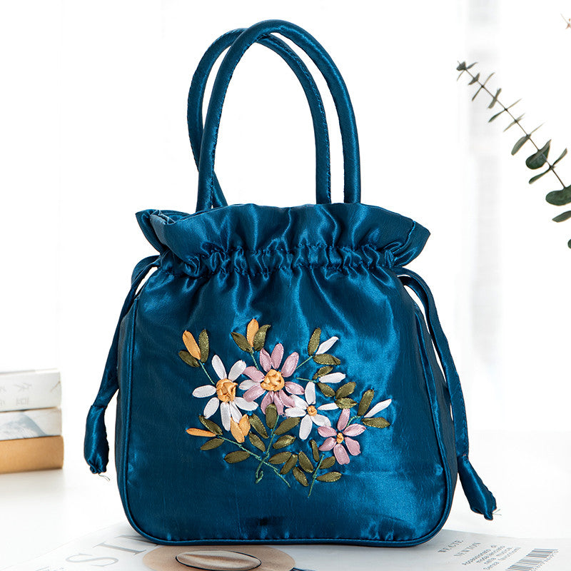 Hand-Embroidered Drawstring Bucket Bag