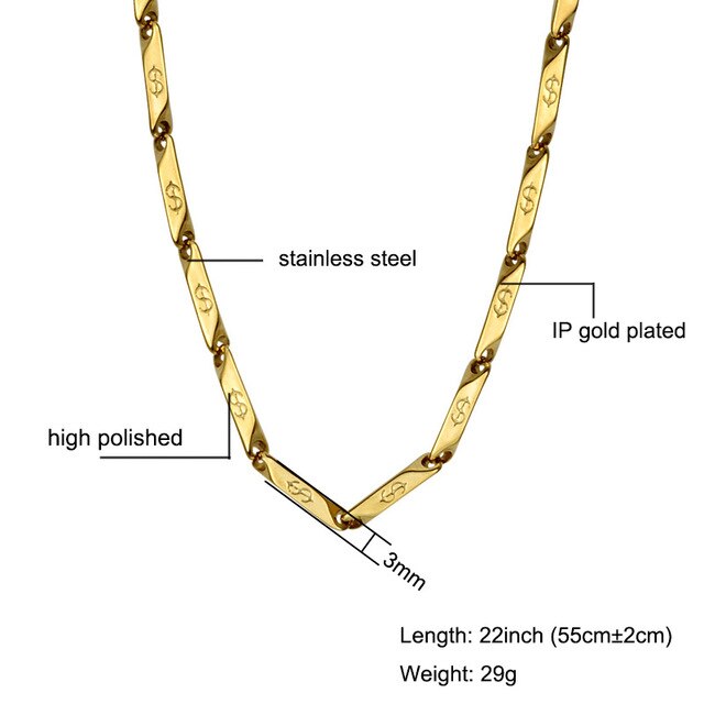 High Polished Gold Color Titanium Stainless Steel US Dollar Pattern Stick Aberdeen Chain Necklaces for Men Jewelry