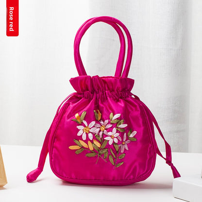 Hand-Embroidered Drawstring Bucket Bag