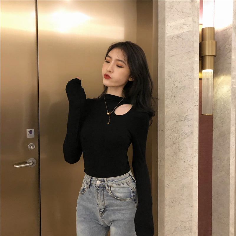 Chic Fitted Inner Top with Neckline Detail, Long Sleeve T-Shirt, Ribbed Mock Neck Base Layer for Women