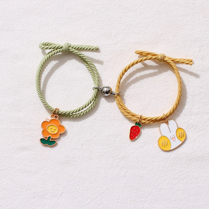 2pcs / Set Magnet Attracts Couple Bracelet Cute Cartoon Charm Jewelry Adjustable Elastic Rope Bracelets Lover Gift for Women Men