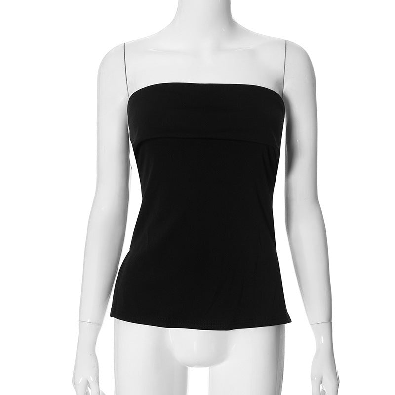 Women's Clothing Summer New Pure Color Sleeveless Backless Wide Lapel Slit Tube Top Sexy Blouse