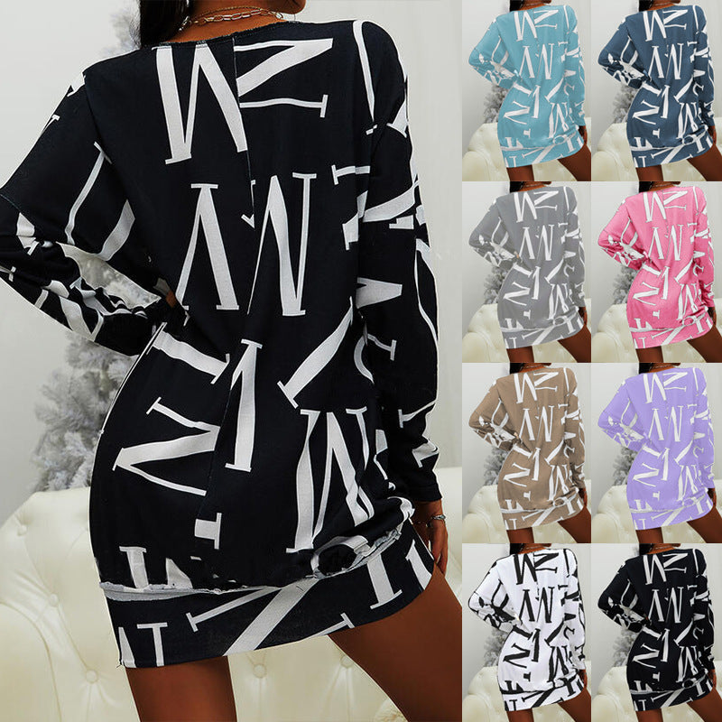 Casual Loose Long Sleeve Letter Print Round Neck Dress for Women