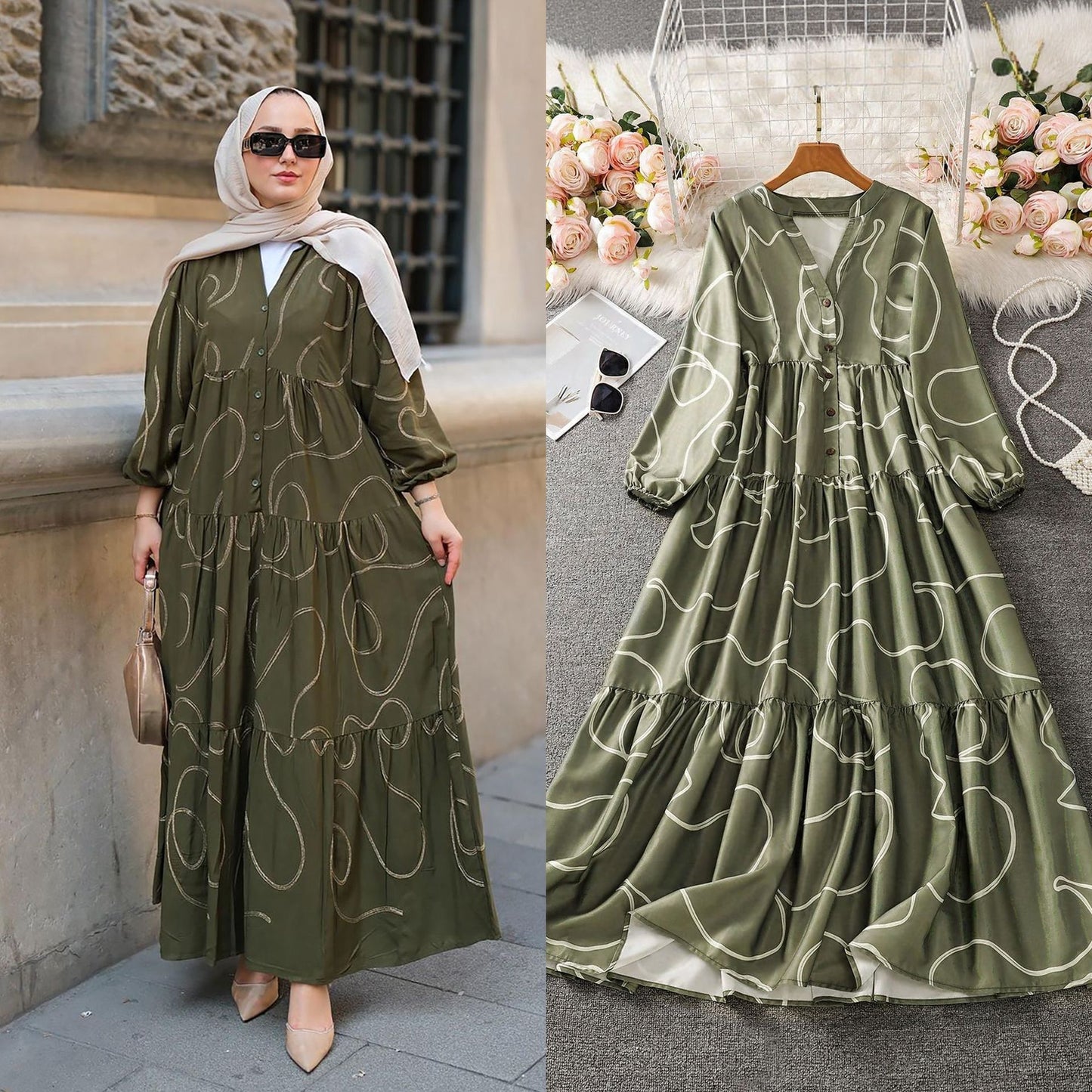 V-Neck Printed Loose Patchwork Long Dress