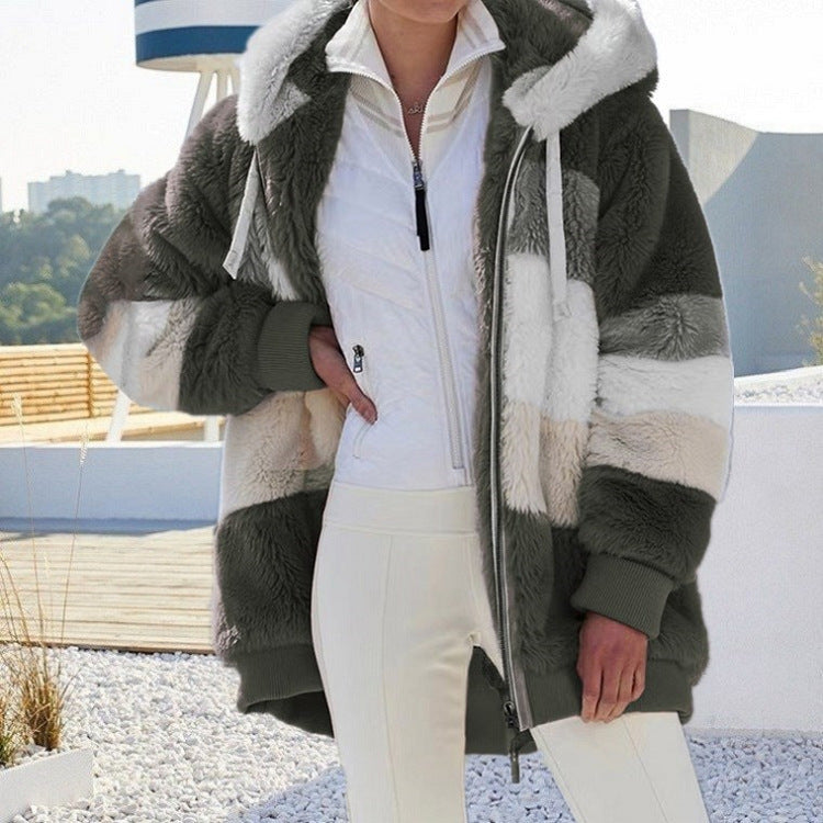 Zipper Pocket Hooded Loose Coat Women