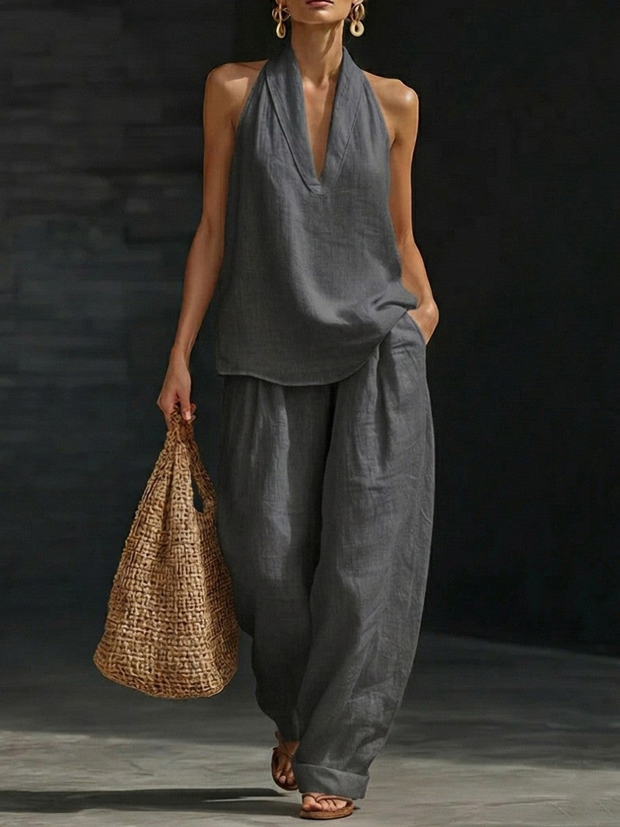 Womens Halter Neck Sleeveless Casual Two-Piece Set
