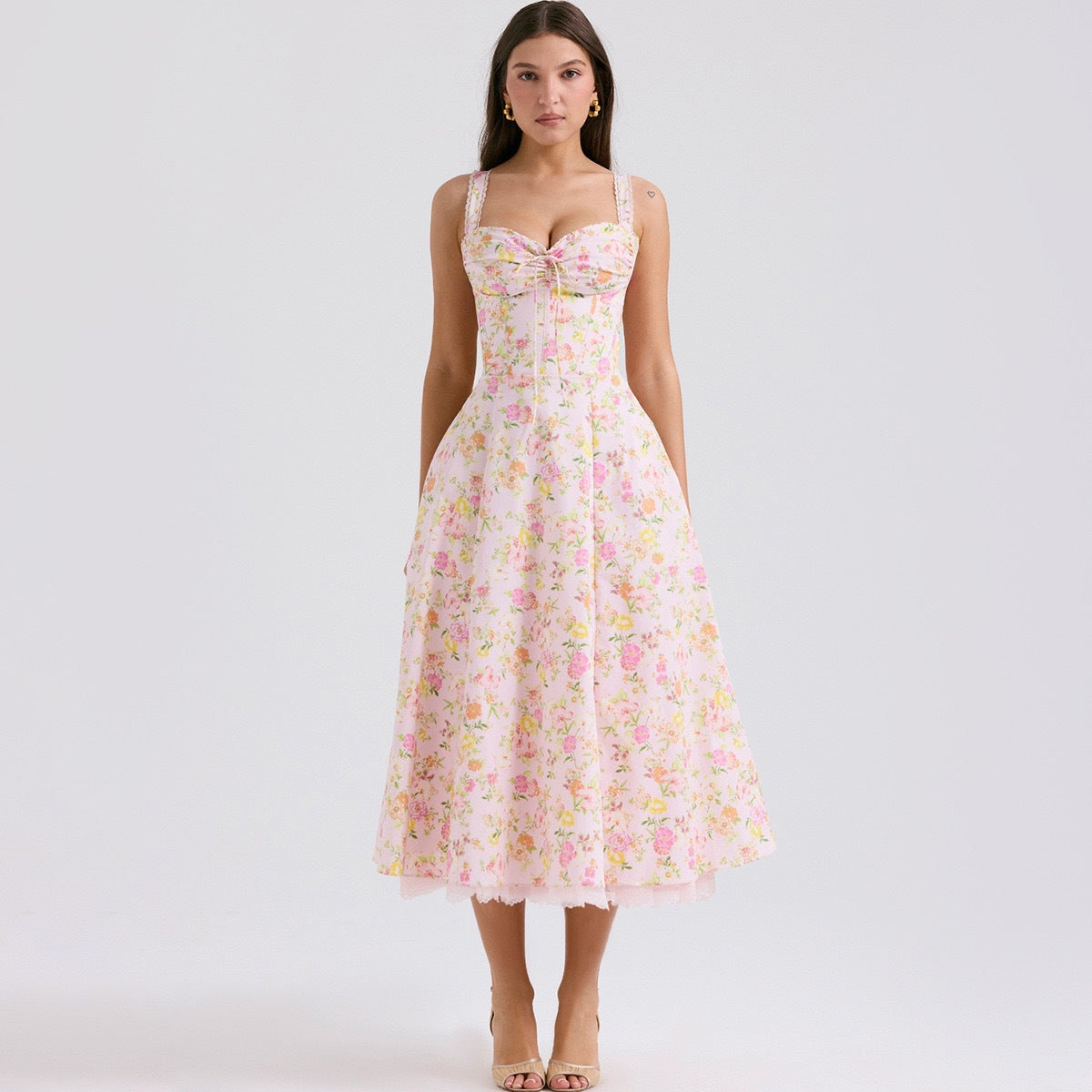 Floral Print Sling Dress with Lace Trim
