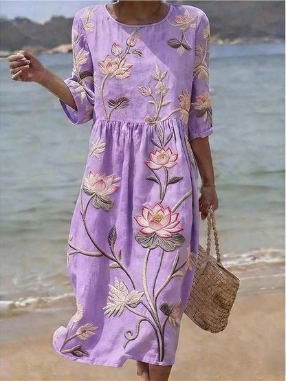 Women's Mid-Length Sleeve Dress with Side Pockets