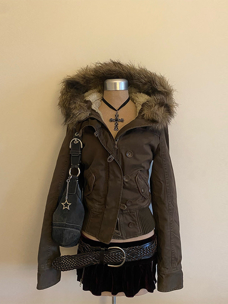 Detachable fur-lined denim jacket