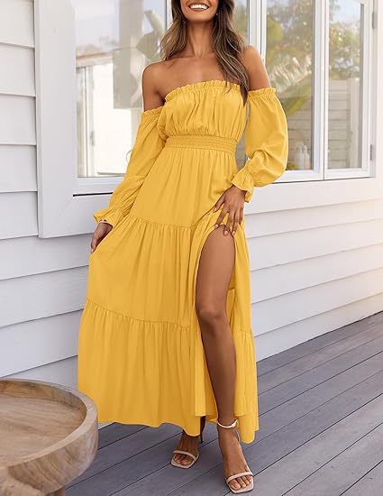 Bohemian Off-Shoulder Smocked Tiered Long Dress