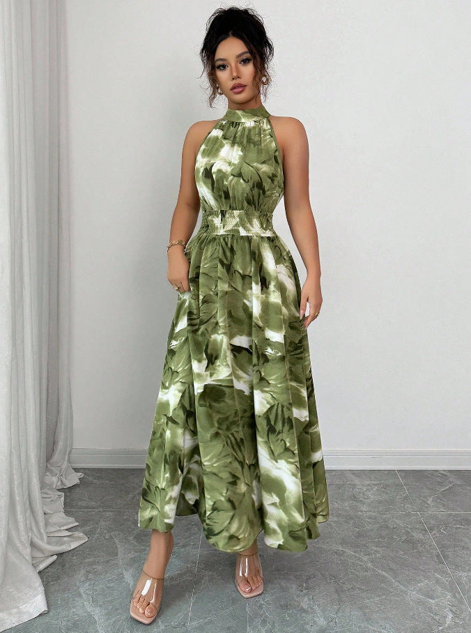 Floral Print Stand Collar A-Line Dress