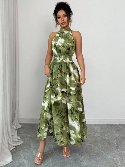 Floral Print Stand Collar A-Line Dress