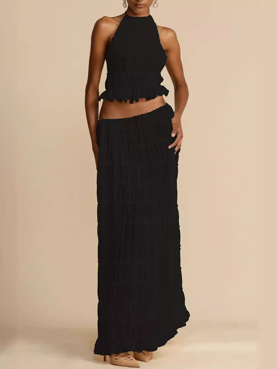 Lace-trimmed halter long dress
