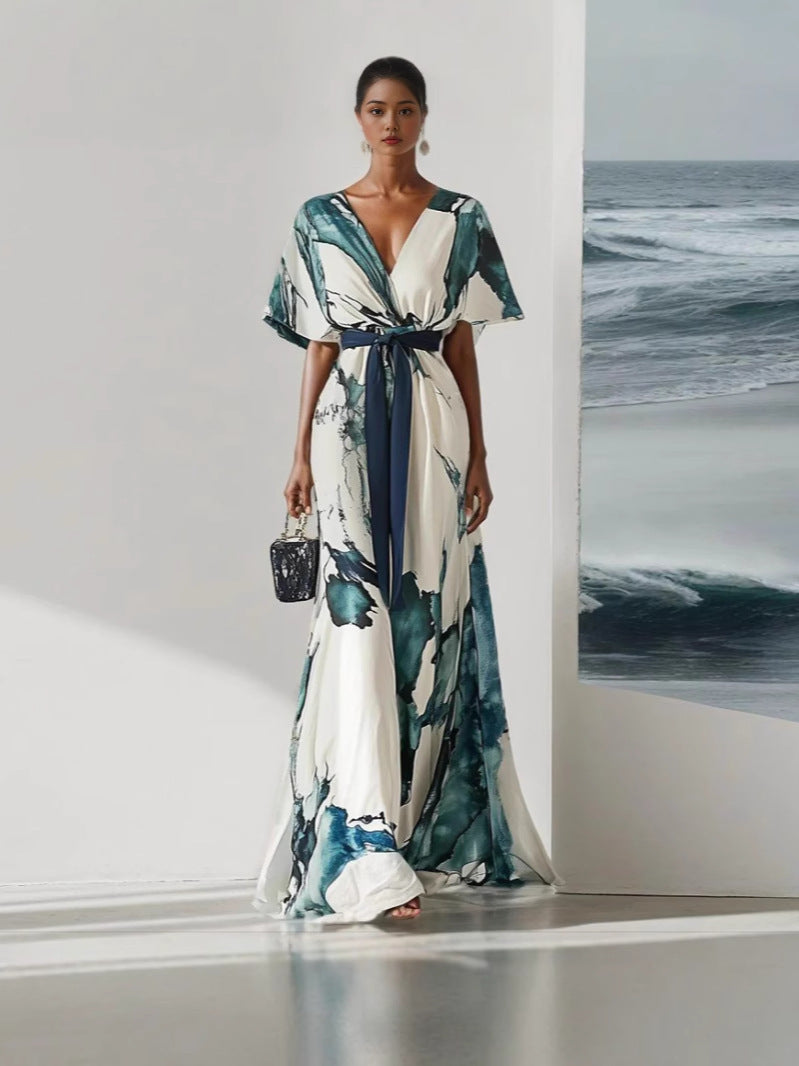 V-neck Digital Print A-line Dress