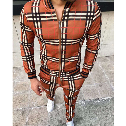 Men's Plaid Zipper Jacket and Pants Casual Sport Suit