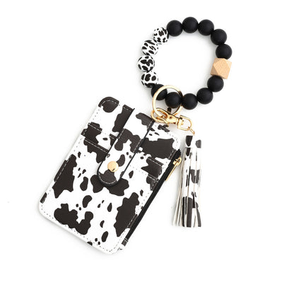 Leopard Print PU Leather Card Holder Wallet with Keychain and Bracelet