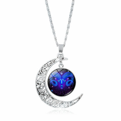 Cross-Border Hot Selling 12 Constellation Necklace Twelve Zodiac Signs Time Gem Moon Glass Pendant European and American Necklace Wholesale