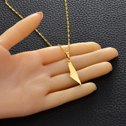 Geometric Smooth Israel and Palestine Map Necklace Stainless Steel Pendant Jewelry for Men and Women