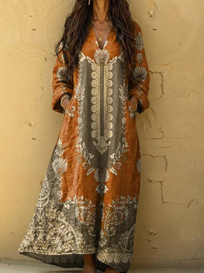Womens Floral Print V-Neck Long Sleeve Dress