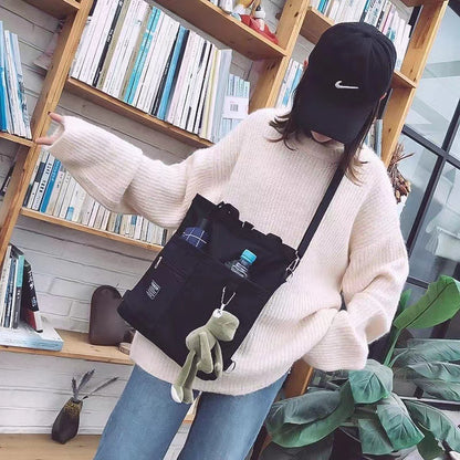 Women's Multiway Canvas Tote Bag with Bear Pendant - Crossbody/Shoulder/Backpack