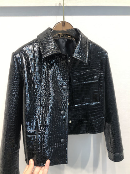 Crocodile pattern genuine leather coat
