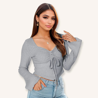 V-neck drawstring flared sleeve women's clothing