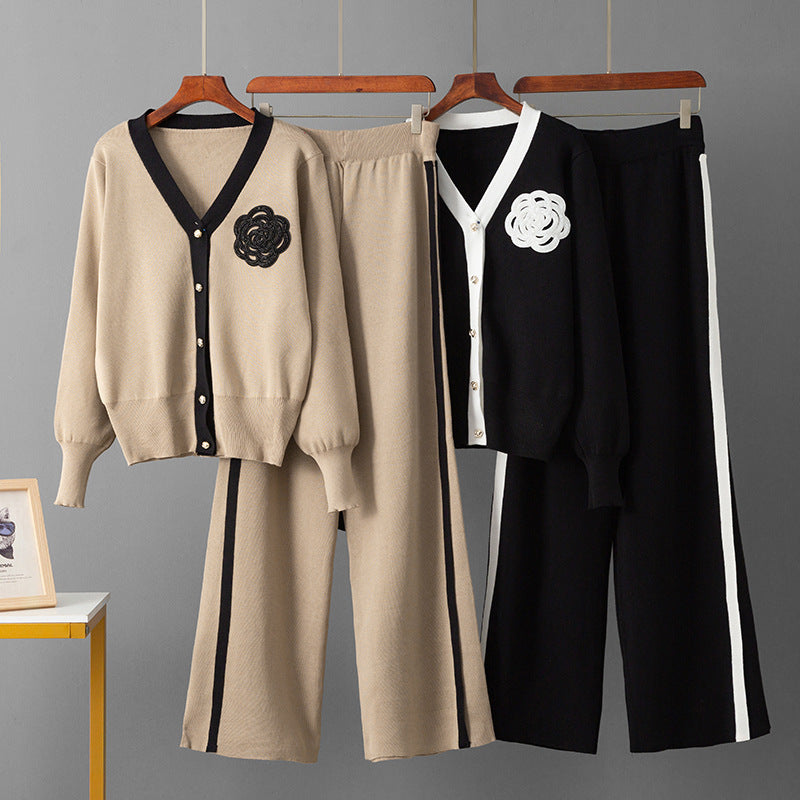 Womens V-Neck Knitted Top and Wide-Leg Pants Set