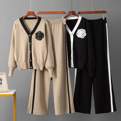 Womens V-Neck Knitted Top and Wide-Leg Pants Set