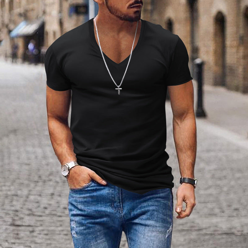 Men's T-shirt European and American summer men's clothing V-neck solid color slim fit casual T-shirt short sleeved top