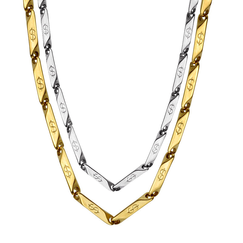 High Polished Gold Color Titanium Stainless Steel US Dollar Pattern Stick Aberdeen Chain Necklaces for Men Jewelry